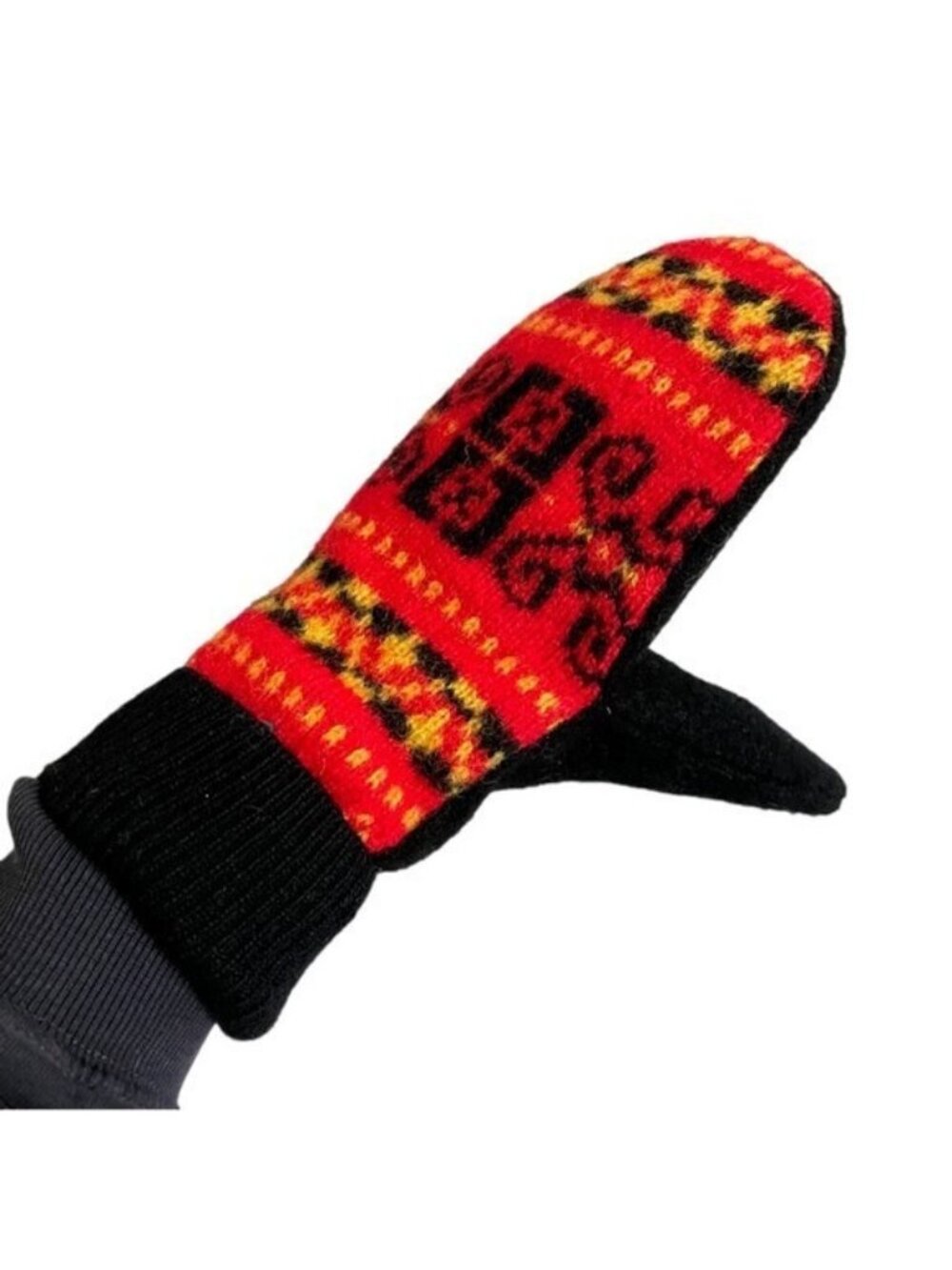 Handmade Red Black Fair Isle Snowflake Wool Mitts - S/M, NWTs